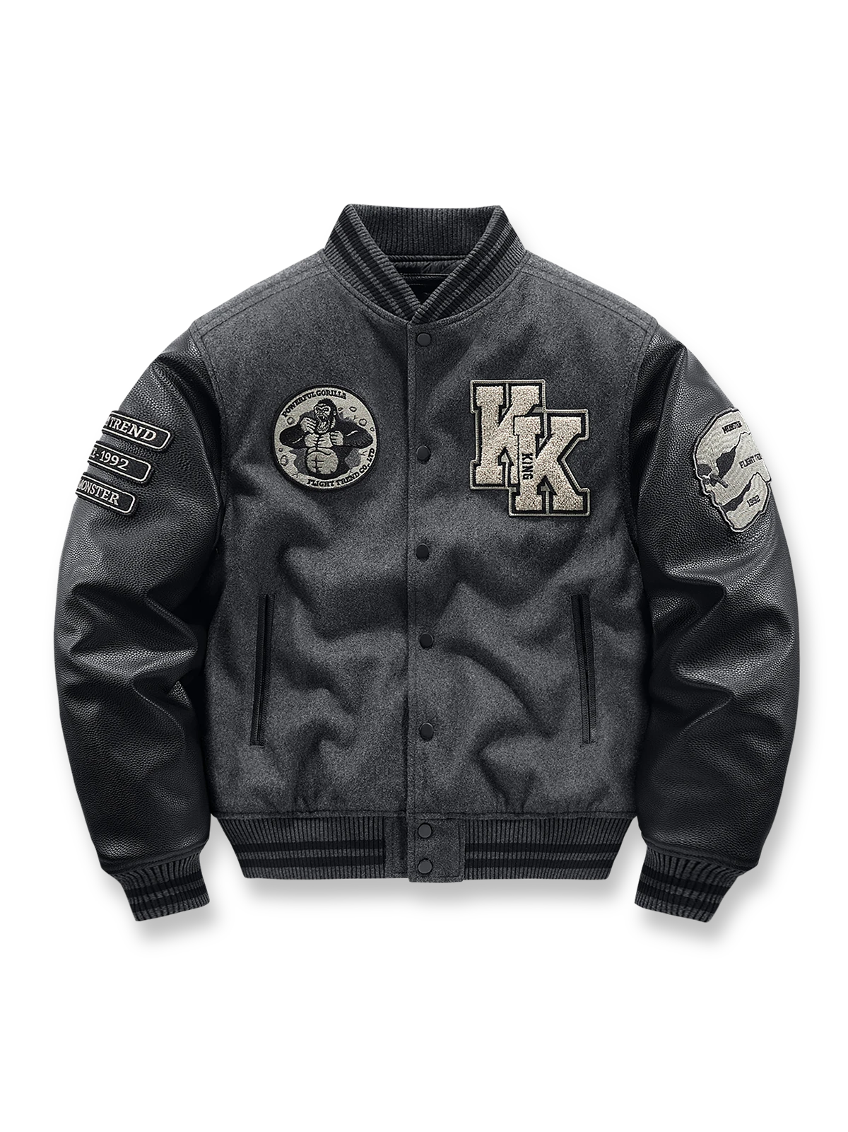 製品画像: アメカジ文字刺繍とゴリラ刺繍が特徴のベースボールジャケットの全体画像、ヴィンテージミリタリーテイスト
詳細画像: フロントと袖のゴリラ刺繍と文字タオル刺繍のディテール、アメカジヴィンテージ感を強調