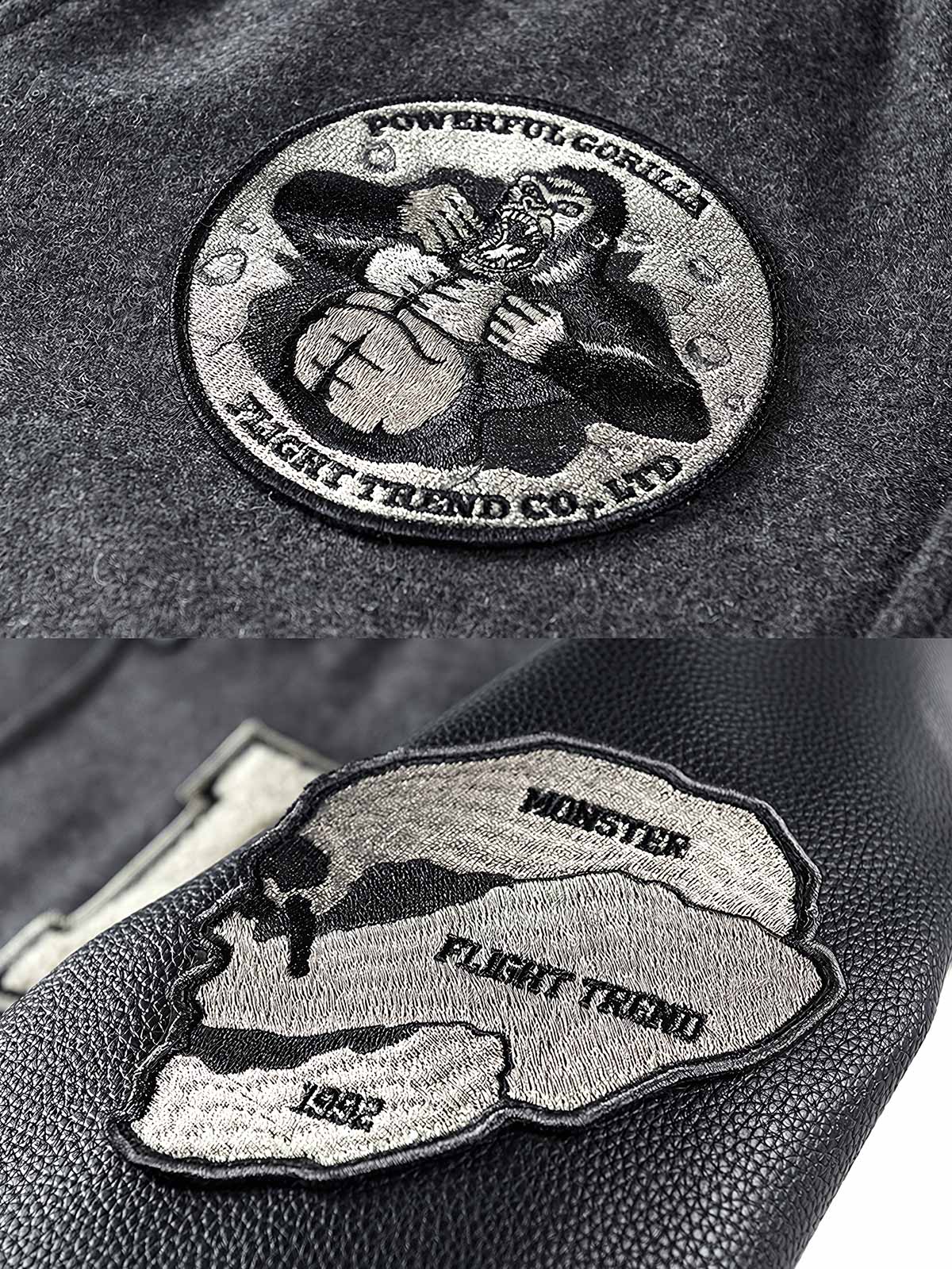 製品画像: アメカジ文字刺繍とゴリラ刺繍が特徴のベースボールジャケットの全体画像、ヴィンテージミリタリーテイスト
詳細画像: フロントと袖のゴリラ刺繍と文字タオル刺繍のディテール、アメカジヴィンテージ感を強調