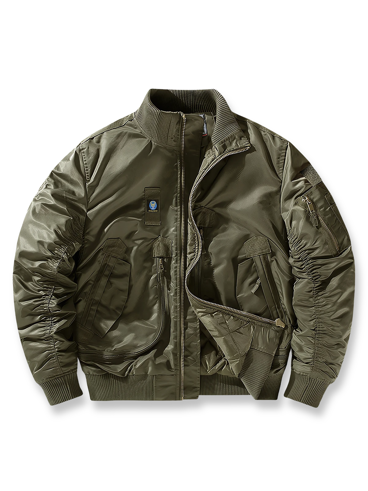 製品画像ALT替代文本
4色展開のクラシックパイロットジャケット（ブラック、アーミーグリーン、カーキ、ネイビー）。スタンドカラーとリブ仕様を備えた防風性・耐久性に優れたポリエステル製ジャケット。

詳細画像ALT替代文本
スタンドカラーパイロットジャケットのディテール、ジッパー付きスリーブポケットとリブ仕様。立体裁断でフィット感を強調し、機能性とスタイルを兼ね備えたデザイン。