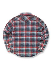 製品画像ALT代替テキスト
藍染めダブルガーゼオゾンウォッシュ加工チェック柄シャツの全体展示、ヴィンテージなウエスタン風デザインが特徴。

詳細画像ALT代替テキスト
藍染めダブルガーゼシャツのディテール、W型フラップポケットとパールスナップボタンがヴィンテージな質感を引き立てます。