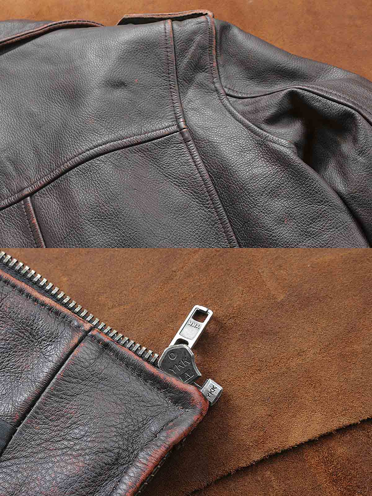 製品画像ALT代替テキスト
特級ソフトカウレザーを使用したヴィンテージ風M65レザーフィールドジャケット全体展示、クラシックなデザインと耐久性が特徴的

詳細画像ALT代替テキスト
M65フィールドジャケットのカウレザー質感、エッジ加工、マルチポケットと高密度刺繍の細部ディテール展示