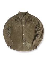 製品画像：アメカジヴィンテージコーデュロイ刺繍シャツの全体展示図、厚手のコットン素材で、ヴィンテージ風刺繍とシープレザー装飾が特徴的。
詳細画像：コーデュロイ刺繍シャツの刺繍模様とシープレザー装飾、ヴィンテージ風コンチョボタンと真鍮製ドットボタンのディテール。