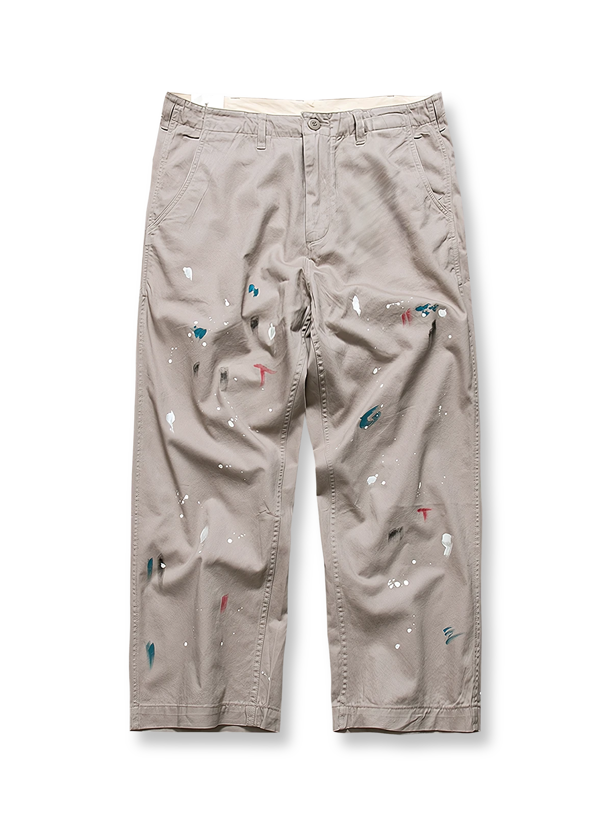 製品画像: 和風ヴィンテージペイント装飾付きワイドストレートパンツの全体画像、ハンドペイントとウォッシュ加工で仕上げたカジュアルデザイン
詳細画像: ペイント装飾とウォッシュ加工コットンのディテール、ユーズド感を強調した質感