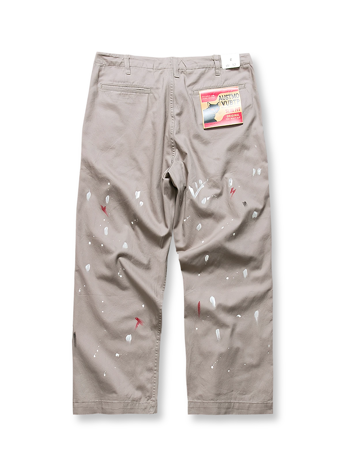 製品画像: 和風ヴィンテージペイント装飾付きワイドストレートパンツの全体画像、ハンドペイントとウォッシュ加工で仕上げたカジュアルデザイン
詳細画像: ペイント装飾とウォッシュ加工コットンのディテール、ユーズド感を強調した質感