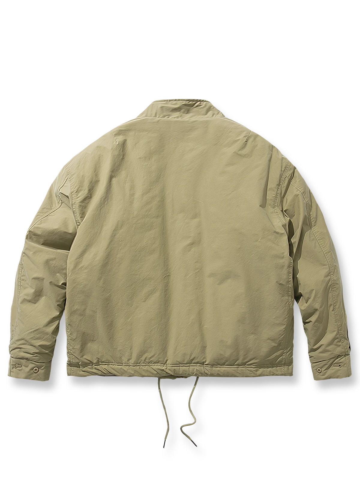 製品画像: スタンドカラーシルエットワークウェア風コットンジャケット全体画像、シンプルなショート丈デザインと防風性が特徴
詳細画像: スタンドカラー、ドローストリングとジッパーのディテールが見えるクローズアップ