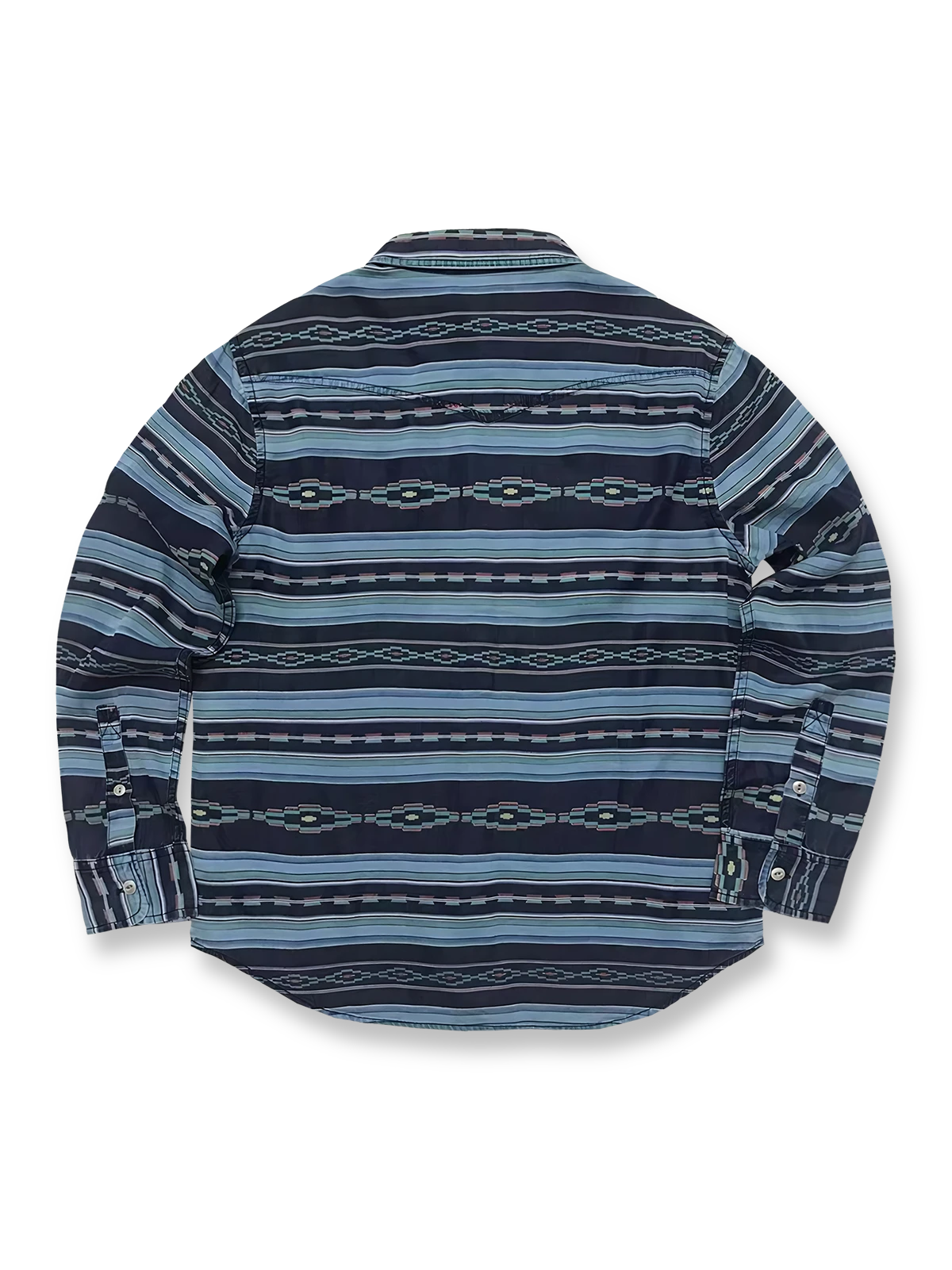 製品画像：ナバホトーテム柄プリントシャツの全体画像、テンセル素材とヴィンテージ風デザインが特徴
詳細画像：ナバホ柄プリント、ウォッシュ加工された金属アイレットボタンのディテール