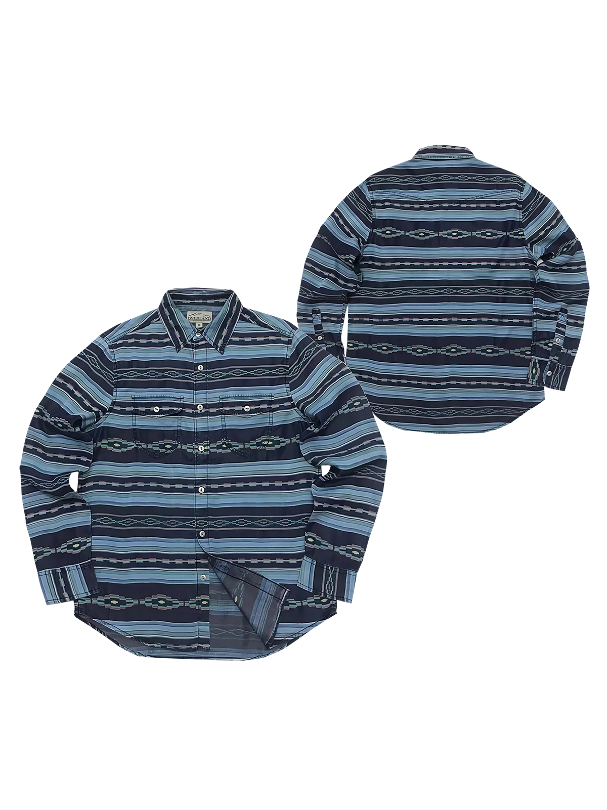 製品画像：ナバホトーテム柄プリントシャツの全体画像、テンセル素材とヴィンテージ風デザインが特徴
詳細画像：ナバホ柄プリント、ウォッシュ加工された金属アイレットボタンのディテール