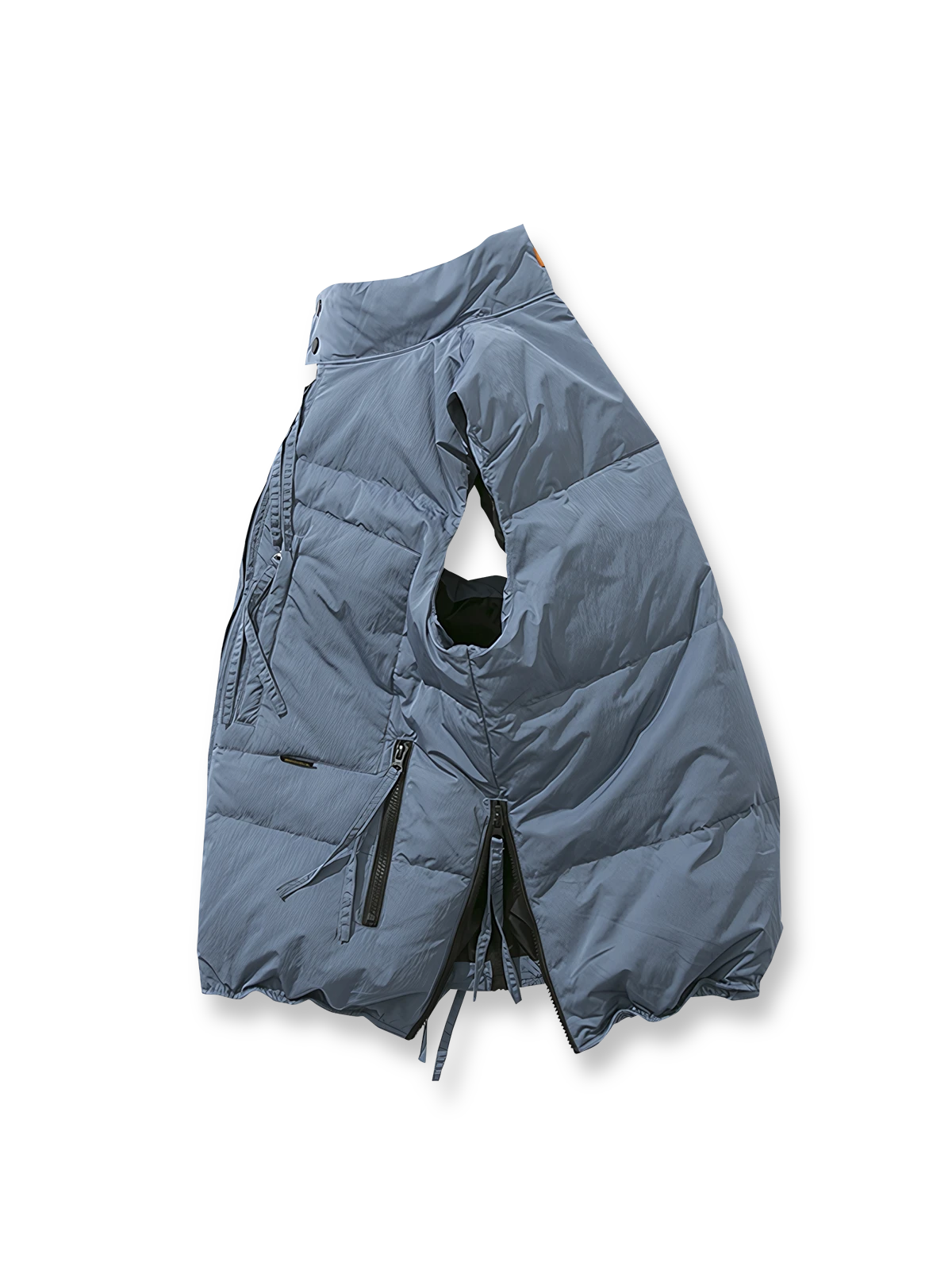 製品画像: 多ポケットデザインのワークダウンベスト、スタンドカラーと70%-79%ホワイトダックダウン充填による高保温性が特徴の全体イメージ

詳細画像: ワークスタイルのダウンベストに施されたジッパー付きサイドスリットとポケットディテールのクローズアップ