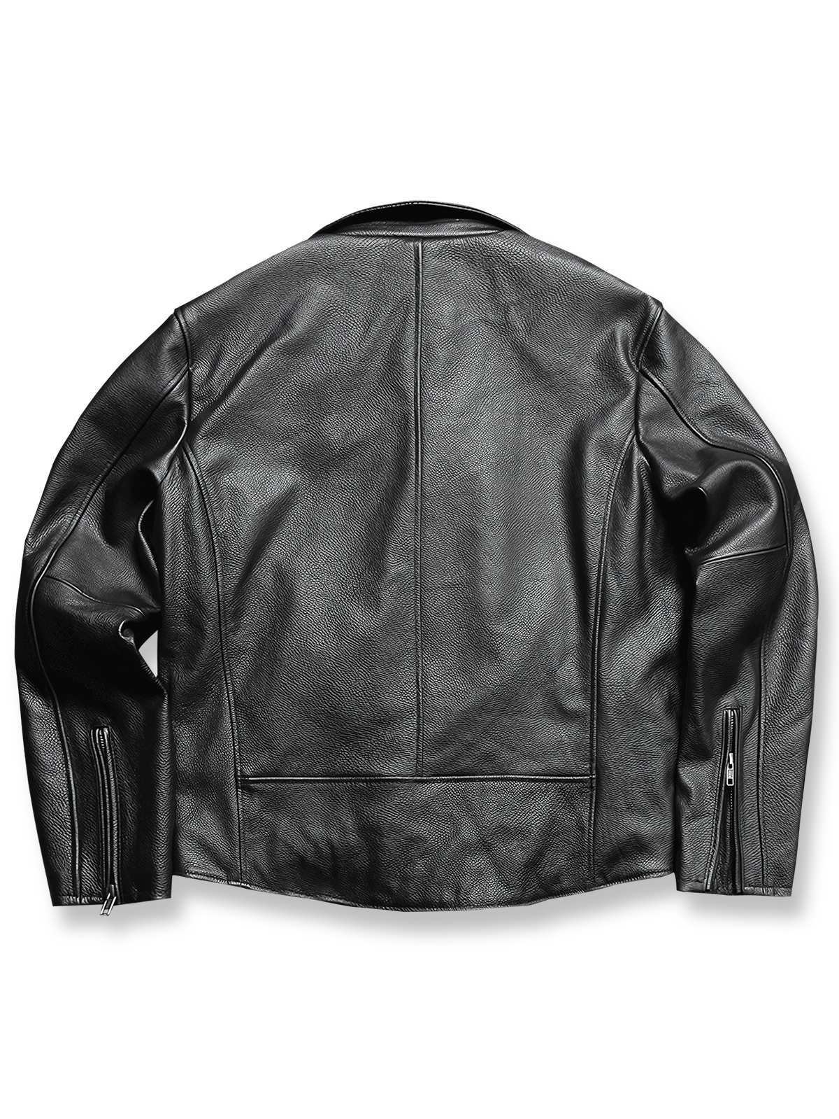 製品画像: 高品質1.0mm厚フルグレインレザー製のスタイリッシュでタフなライダースジャケット全体画像。クラシックなラペルとジップディテールが強調され、バイクライディングやカジュアルスタイルにも最適。

詳細画像: クローズアップで撮影されたラペルとジップディテール、フルグレインレザーの質感がわかる特写。ジャケットのクラシックなデザイン要素と耐久性の高いジップ構造を強調。