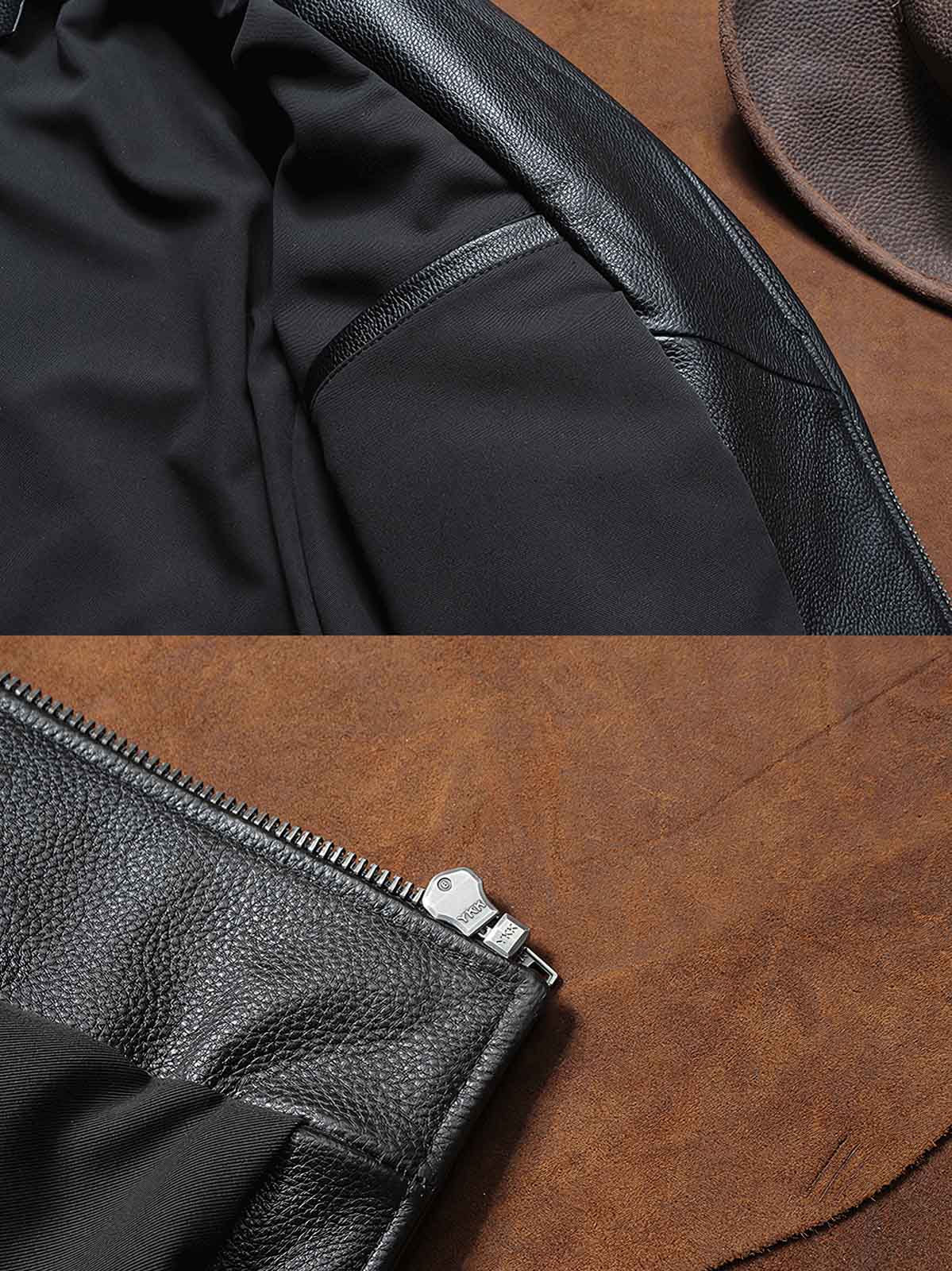 製品画像: 高品質1.0mm厚フルグレインレザー製のスタイリッシュでタフなライダースジャケット全体画像。クラシックなラペルとジップディテールが強調され、バイクライディングやカジュアルスタイルにも最適。

詳細画像: クローズアップで撮影されたラペルとジップディテール、フルグレインレザーの質感がわかる特写。ジャケットのクラシックなデザイン要素と耐久性の高いジップ構造を強調。