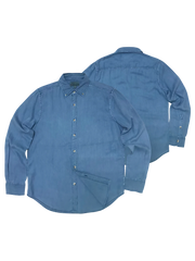 製品画像: ソフトな質感のテンセルヘリンボーン長袖シャツ全体展示、ヴィンテージ感溢れるデザイン
詳細画像: 製品染め加工とヘリンボーン柄ディテール、テンセル素材の柔らかさ