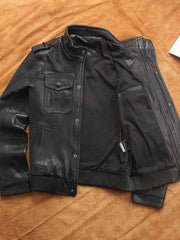 製品画像: 植鞣し羊革 ハイネック ライダースジャケット 全体画像 スリムフィット デザイン シンプル 風を防ぐ
詳細画像: スナップボタン ジッパー ダブルフロント防風設計 植鞣し羊革ライダースジャケット 高品質 風対策