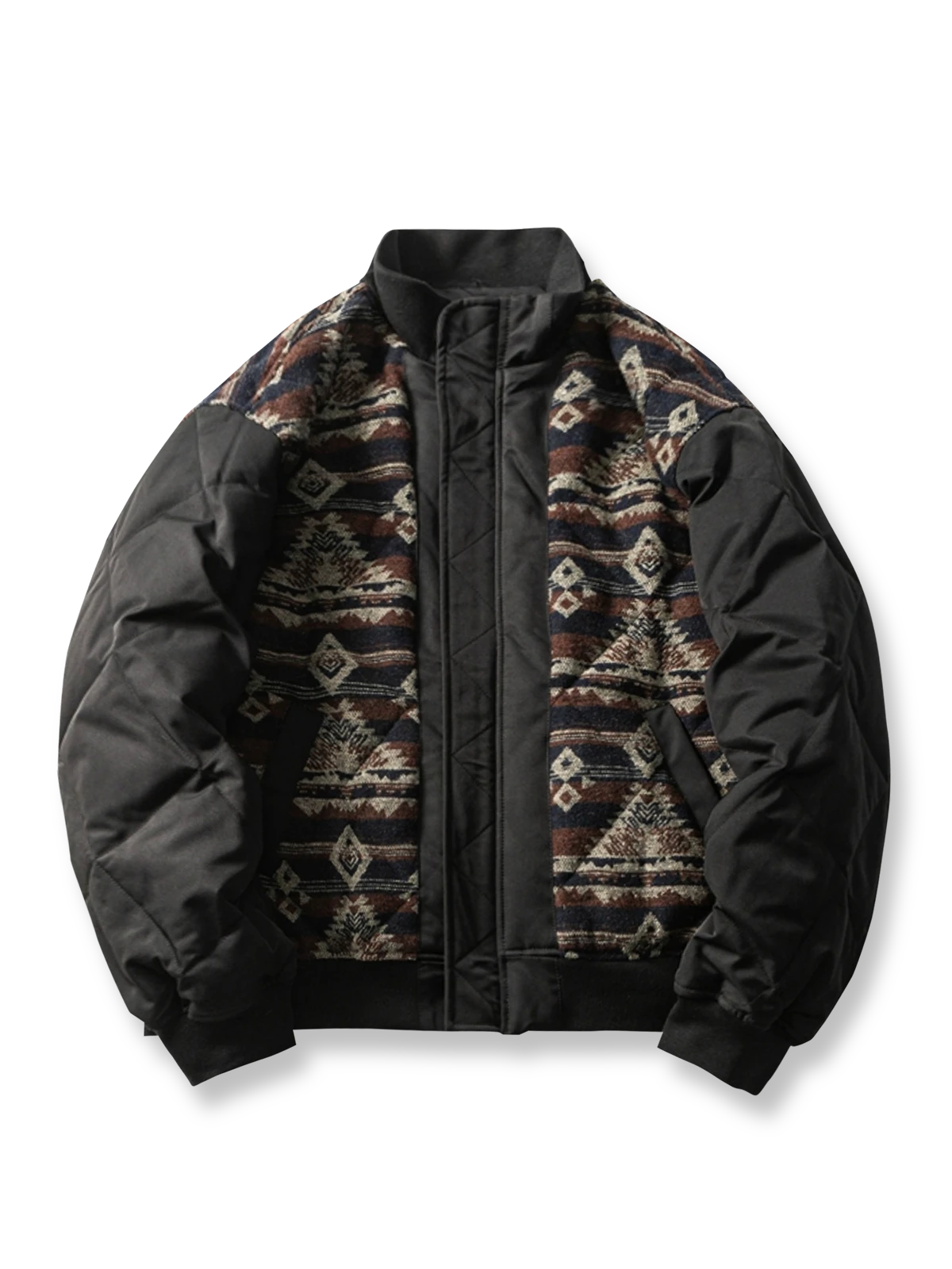 ナバホ柄 パッチワーク スタンドカラー ダウンジャケット -PESSOA CLUB
