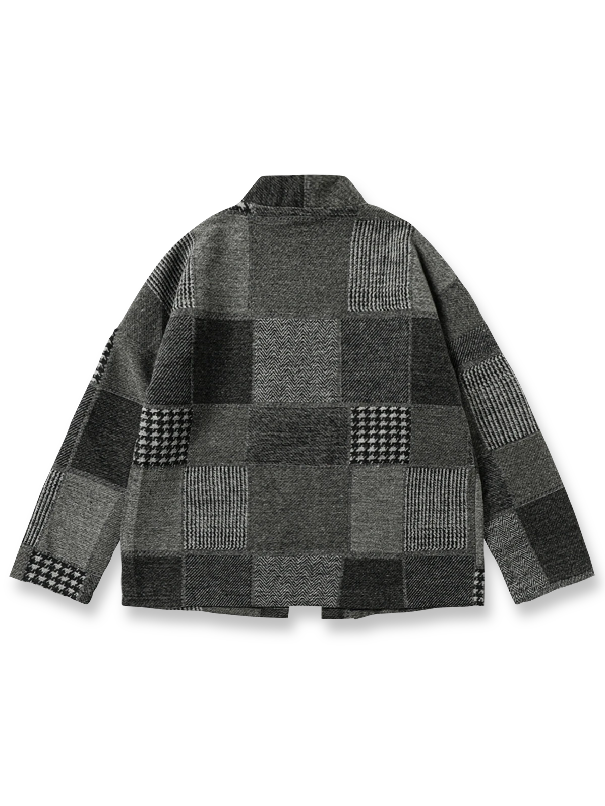 製品画像:
レトロなウールパッチワークはんてん全体展示、民族風デザイン、ウール素材の質感とパッチワークディテール強調

詳細画像:
パッチワークのテクスチャーとウエストベルトのディテール、ウール生地の質感アップ