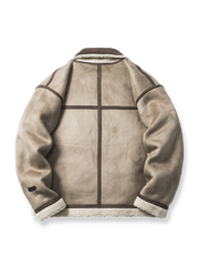 製品画像: バイカースタイルのラムウールレザー＆フリースジャケット全体像、ラムウールとレザーの組み合わせが際立つヴィンテージ感
詳細画像: レザー＆フリースのディテールとデザインのアップ、厚手素材感と保温性強調