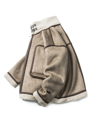 製品画像: バイカースタイルのラムウールレザー＆フリースジャケット全体像、ラムウールとレザーの組み合わせが際立つヴィンテージ感
詳細画像: レザー＆フリースのディテールとデザインのアップ、厚手素材感と保温性強調