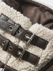 製品画像: バイカースタイルのラムウールレザー＆フリースジャケット全体像、ラムウールとレザーの組み合わせが際立つヴィンテージ感
詳細画像: レザー＆フリースのディテールとデザインのアップ、厚手素材感と保温性強調