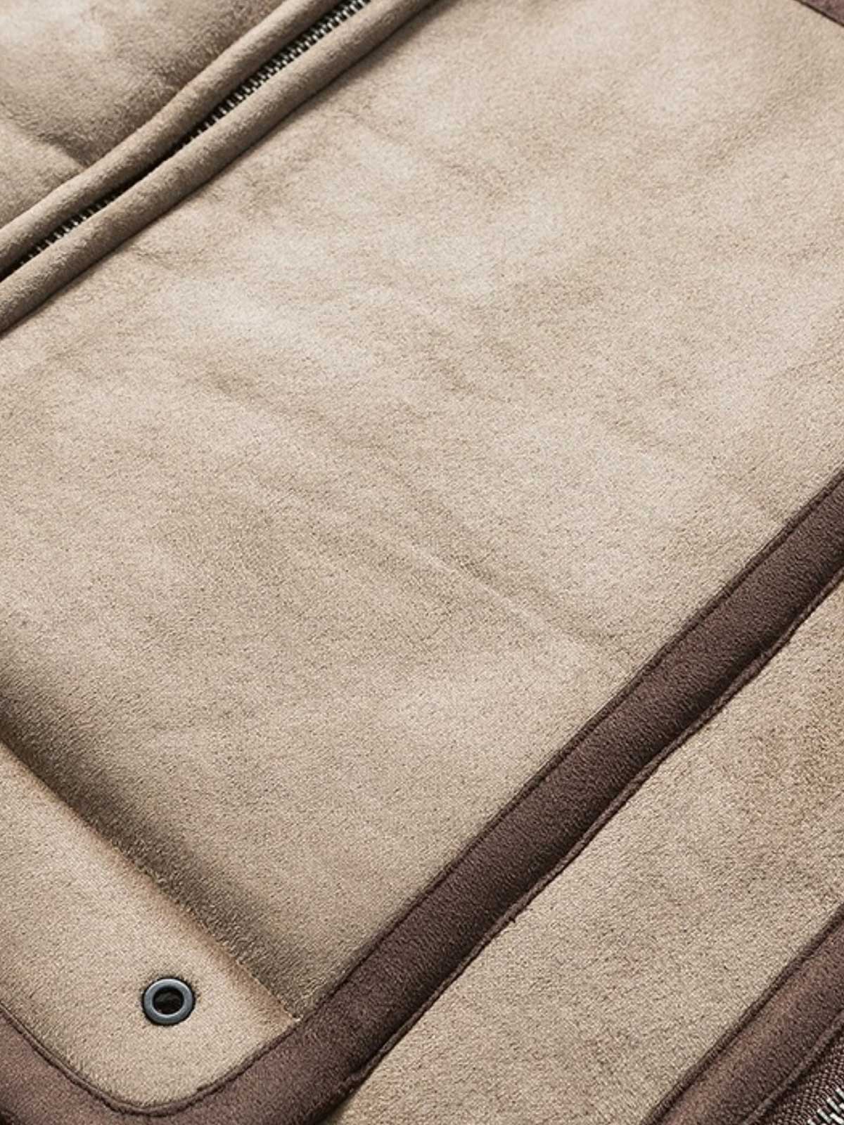 製品画像: バイカースタイルのラムウールレザー＆フリースジャケット全体像、ラムウールとレザーの組み合わせが際立つヴィンテージ感
詳細画像: レザー＆フリースのディテールとデザインのアップ、厚手素材感と保温性強調