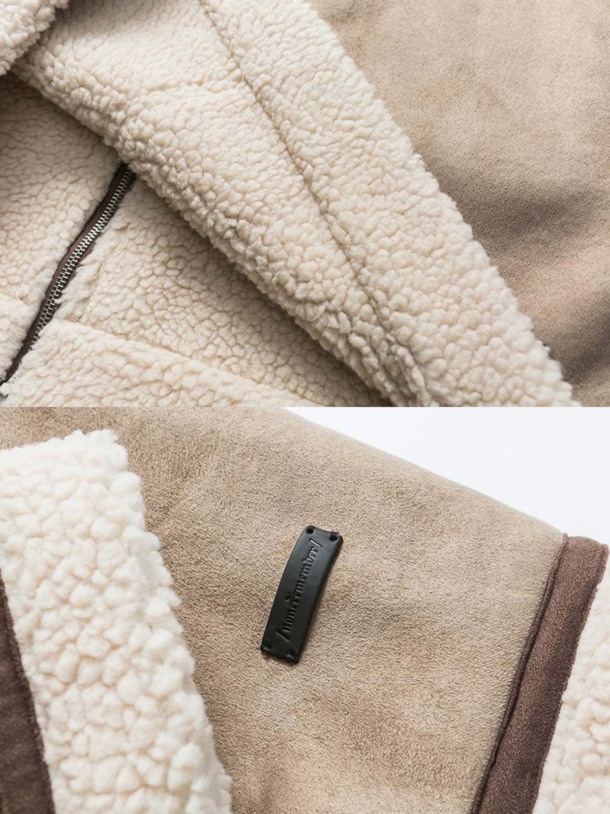 製品画像: バイカースタイルのラムウールレザー＆フリースジャケット全体像、ラムウールとレザーの組み合わせが際立つヴィンテージ感
詳細画像: レザー＆フリースのディテールとデザインのアップ、厚手素材感と保温性強調