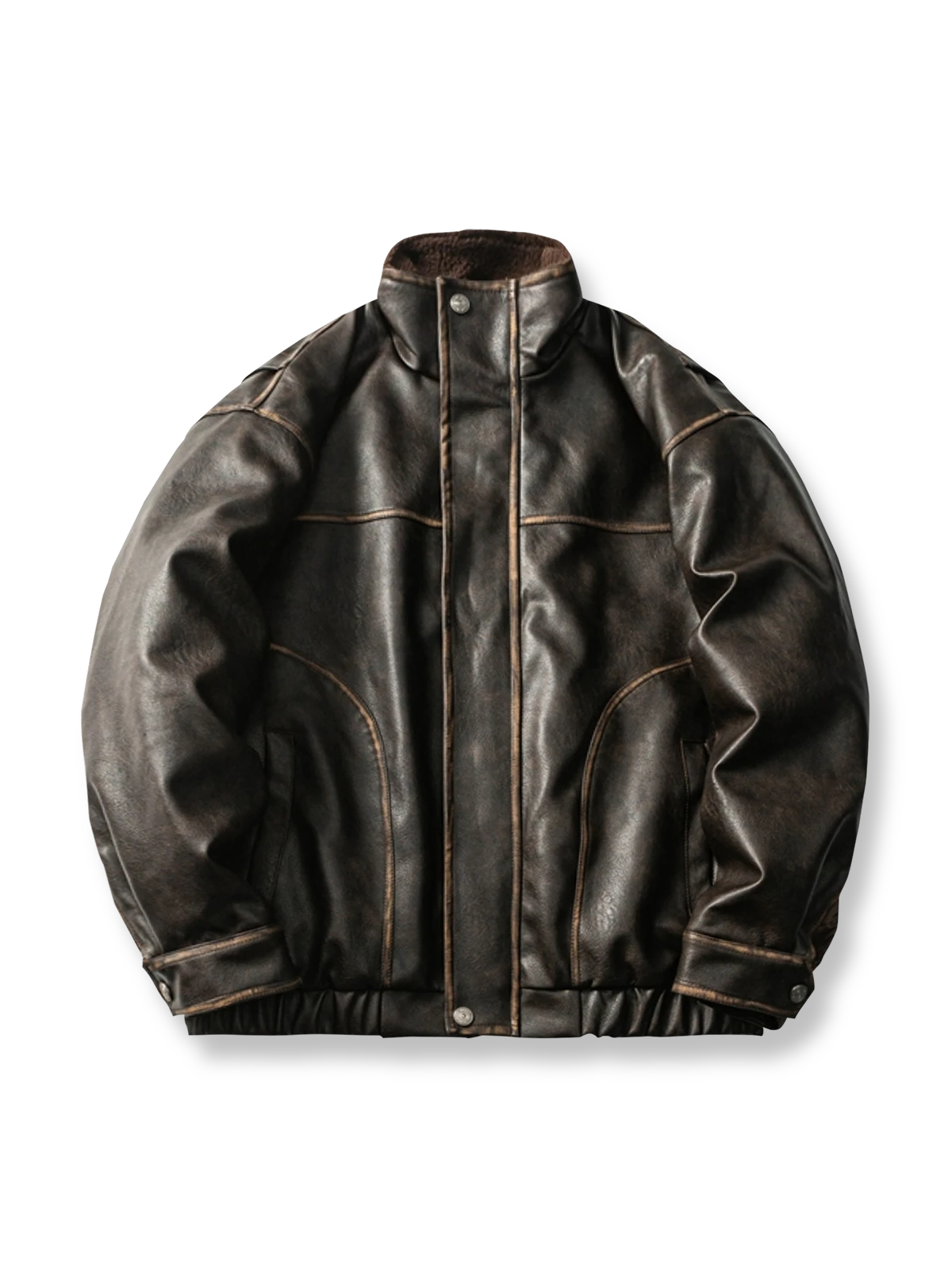 製品画像: レトロ風PUレザーライダージャケット全体展示｜冬のライダースジャケット、スタンドカラーとPUレザー素材
詳細画像: スタンドカラーと伸縮性裾のディテール｜防寒設計とレトロスタイル、ライダージャケットの詳細