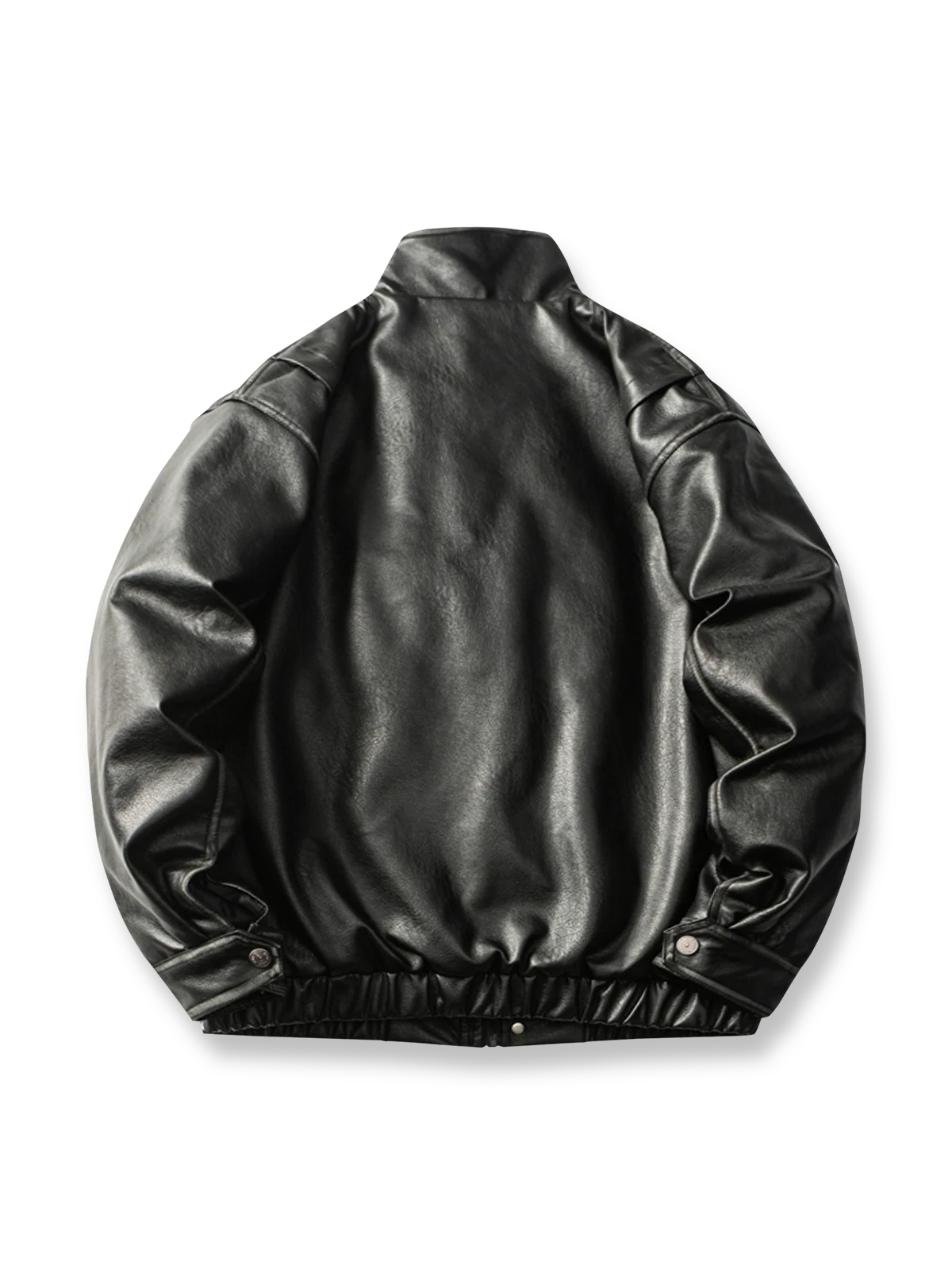 製品画像: レトロ風PUレザーライダージャケット全体展示｜冬のライダースジャケット、スタンドカラーとPUレザー素材
詳細画像: スタンドカラーと伸縮性裾のディテール｜防寒設計とレトロスタイル、ライダージャケットの詳細