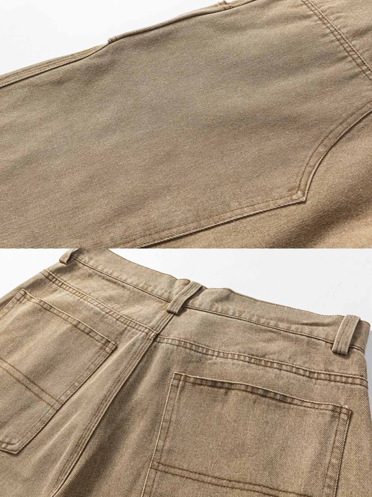 製品画像:
ウォッシュドランバージャック風コットンデニムパンツ全体像、レトロデザイン、快適な履き心地
詳細画像:
デニムパンツ膝部分の補強パッチディテール、耐久性重視、デザイン性と機能性の融合