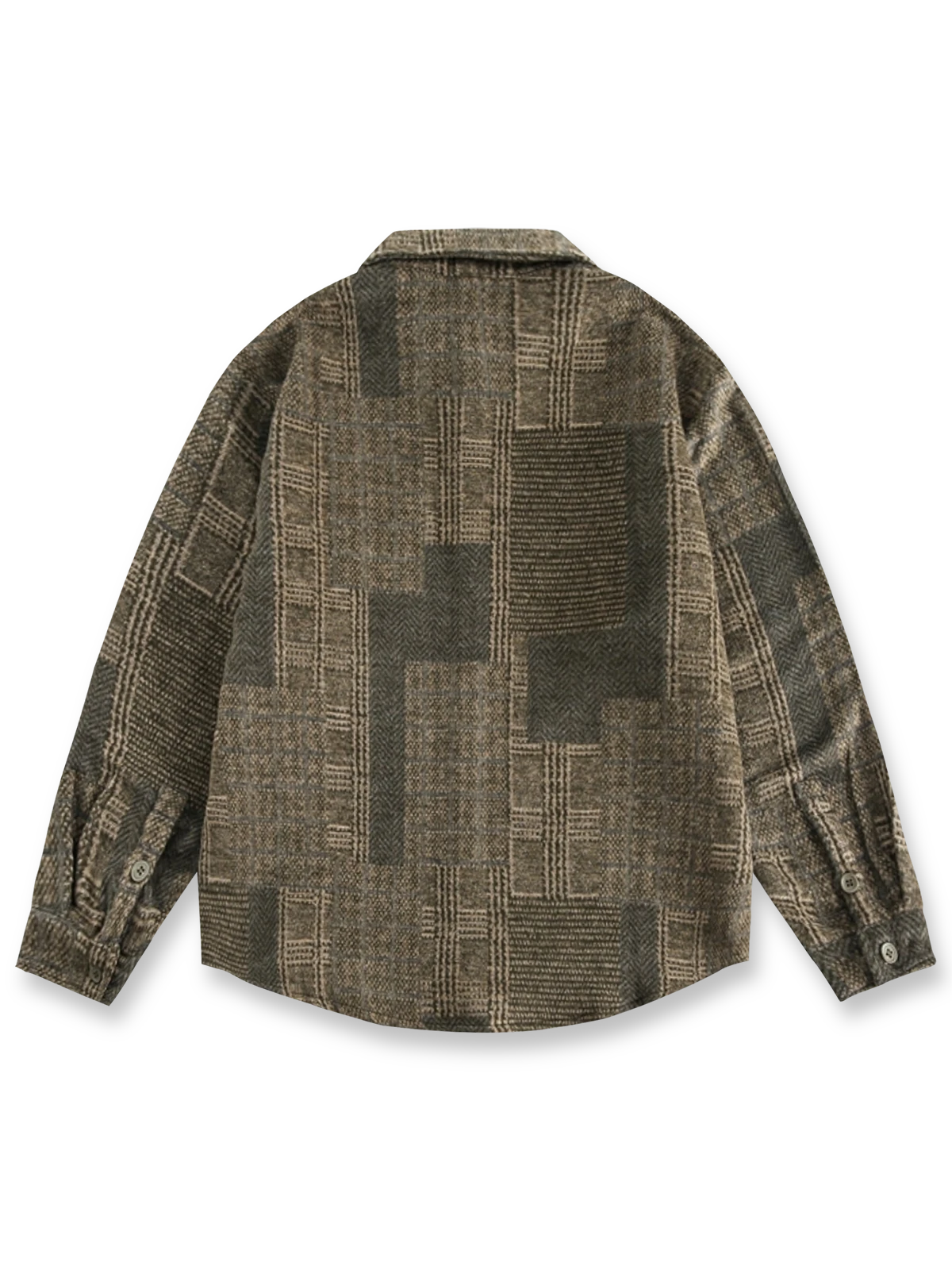 製品画像: ヴィンテージ風バイカラー起毛シャツ正面展示、秋冬にぴったりなデザインの詳細がわかる画像
詳細画像: シャツのバイカラーデザインと起毛素材のディテール特写