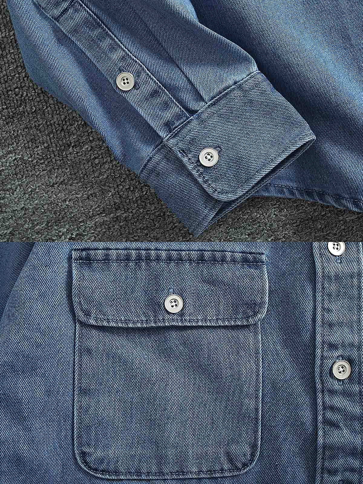 製品画像:
ヴィンテージウォッシュ加工のデニムシャツの正面画像。自然な風合いとカジュアルなスタイルが特徴で、日常使いにぴったり。

詳細画像:
シャツのワークポケットとウォッシュ加工のディテールをクローズアップ。生地感とデザインの細部がよく見えるように撮影されています。