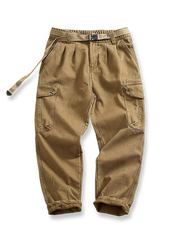 製品画像
カーキ色の裏起毛＆加厚ストレートワークパンツ全体展示図、裏起毛デザインと加厚素材のディテールが際立つ。
詳細画像
パンツのウエスト部分、ゴムとポケットのディテールアップ。ゴムウエストとドローコードの調節可能なデザインが強調されている。