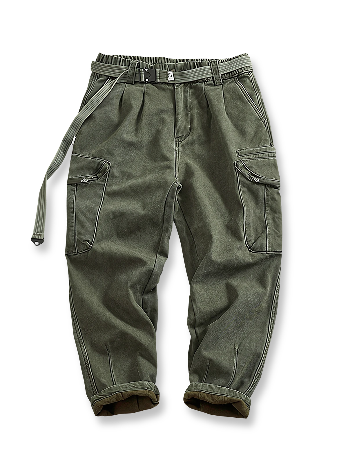 製品画像
カーキ色の裏起毛＆加厚ストレートワークパンツ全体展示図、裏起毛デザインと加厚素材のディテールが際立つ。
詳細画像
パンツのウエスト部分、ゴムとポケットのディテールアップ。ゴムウエストとドローコードの調節可能なデザインが強調されている。