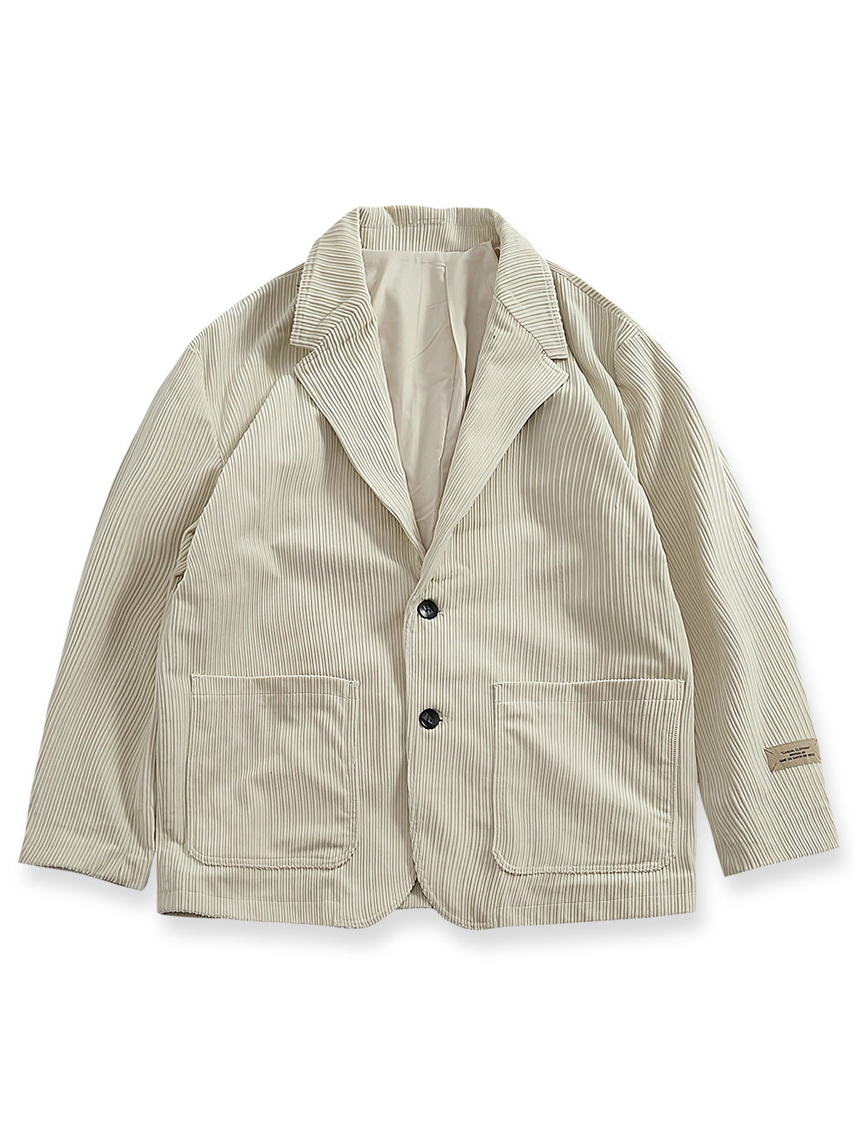 製品画像: 高畝コーデュロイストライプジャケット正面展示。クラシックなラペルとシンプルなストライプデザインが特徴です。
詳細画像: ジャケットのディテールアップ。高畝コーデュロイ素材と2ボタンデザイン、ドロップショルダーのディテール。
