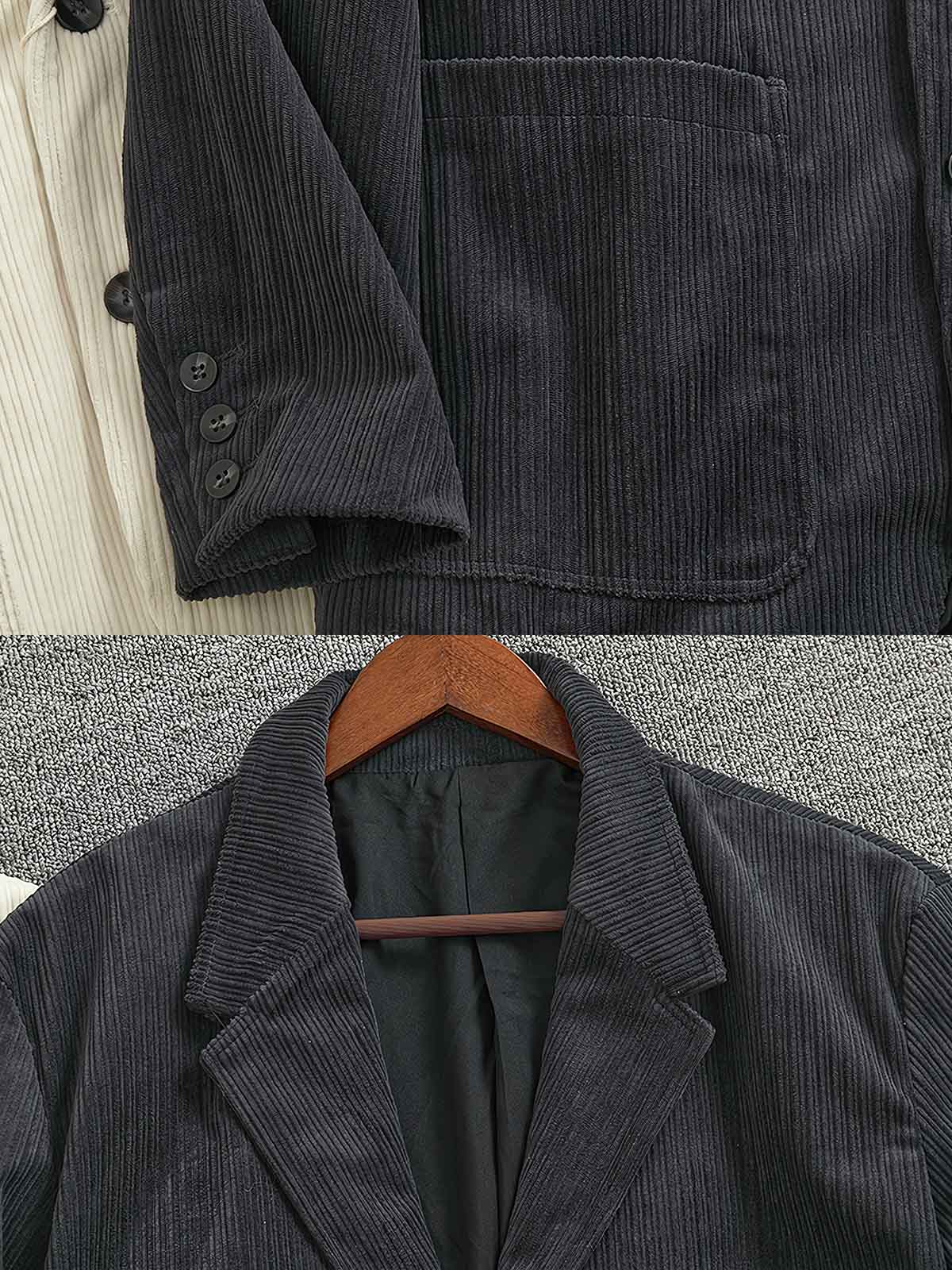 製品画像: 高畝コーデュロイストライプジャケット正面展示。クラシックなラペルとシンプルなストライプデザインが特徴です。
詳細画像: ジャケットのディテールアップ。高畝コーデュロイ素材と2ボタンデザイン、ドロップショルダーのディテール。