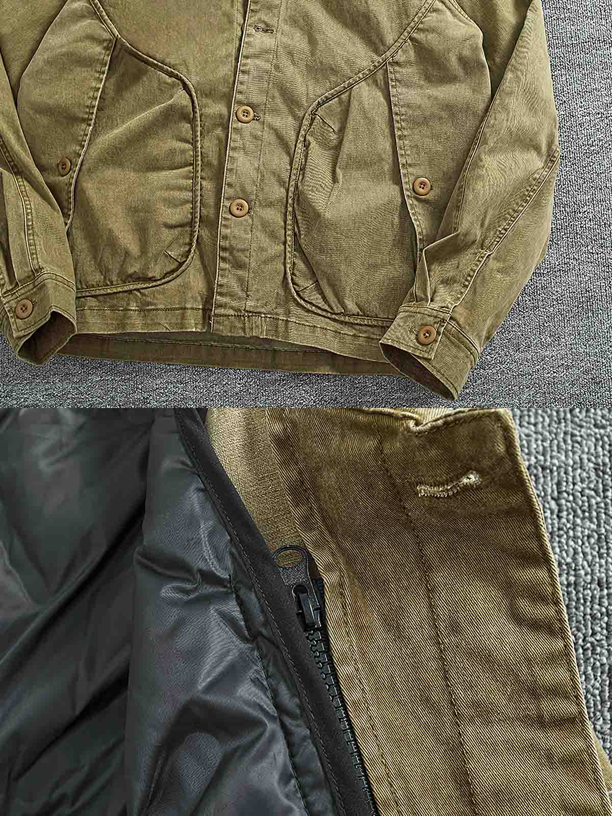 製品画像
取り外し可能なダウンインナー付きワークジャケット全体展示。ウォッシュ加工されたコットン生地が際立ち、ヴィンテージ感を強調しています。シンプルでシックなデザインが特徴。
詳細画像
ウォッシュ加工されたコットン生地とダウンインナーのディテールアップ。取り外し可能なダウンインナーのジッパーデザインと素材感がしっかりと見える。