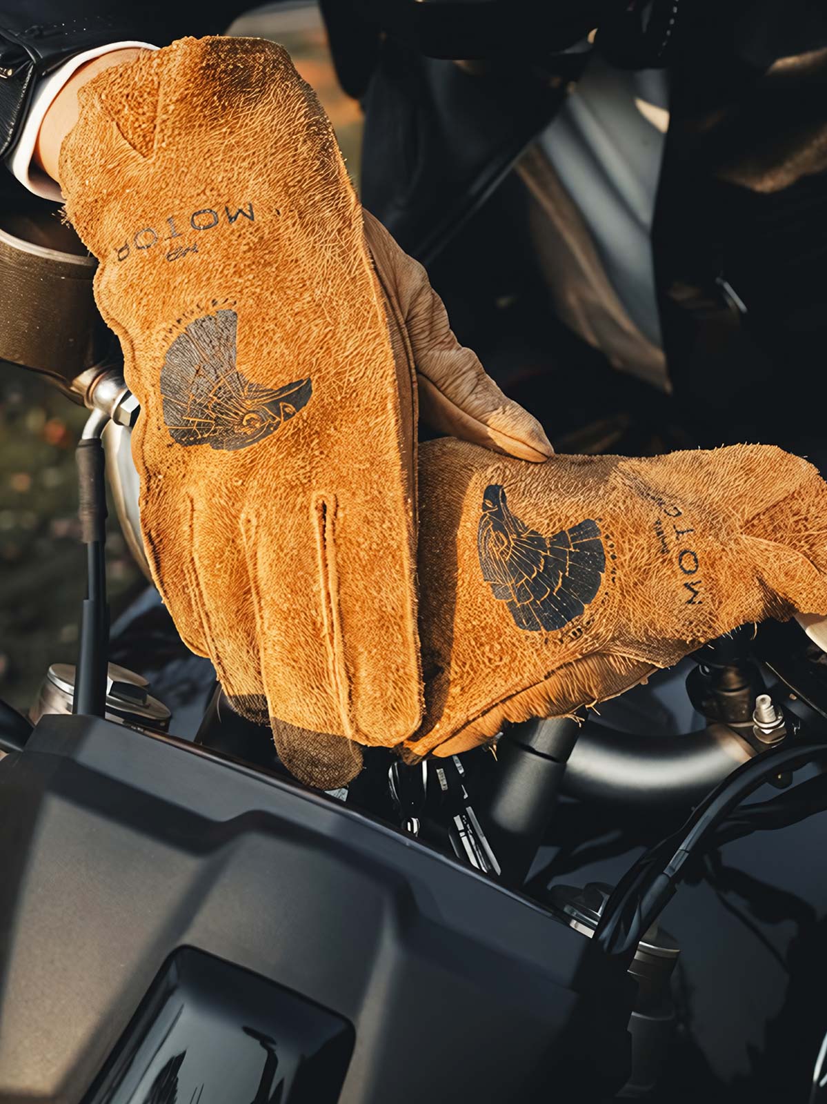 詳細画像
グローブのディテールと素材感アップ。マットレザーを使用した手袋の細部が強調されており、特にダブルステッチや鷲の目のデザインが、製品の耐久性と独特な個性を引き立てています。手に馴染む柔らかな質感や、ヴィンテージの風合いが美しく表現されています。
モデル画像
モデルがマットレザーのバイカーズグローブを着用したライディングスタイル。バイカーズグローブのデザインやフィット感が実際の使用シーンでどのように活かされるかがわかります。ライダーにとって必要な機能性とファッション性を兼ね備えたアイテムで、アウトドアや日常のライディングに最適です。