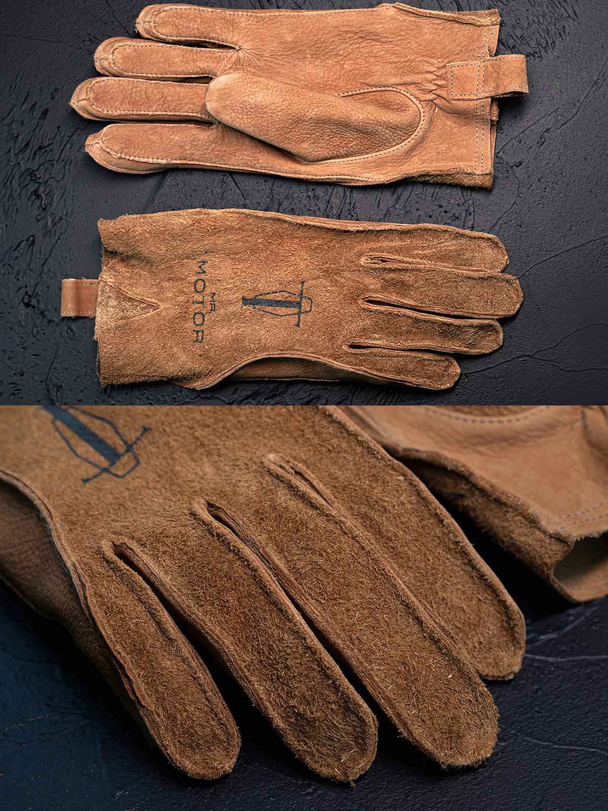 製品画像
マットレザーのバイカーズグローブ全体展示。バイカーズグローブ特有の硬派で無骨なデザインが際立ち、ライディングに最適な機能性を持ち合わせています。ヴィンテージ感のあるレザーが、長年の使用でさらに味わい深く変化する点が特徴です。
詳細画像
グローブのディテールと素材感アップ。マットレザーを使用した手袋の細部が強調されており、特にダブルステッチや鷲の目のデザインが、製品の耐久性と独特な個性を引き立てています。手に馴染む柔らかな質感や、ヴィンテージの風合いが美しく表現されています。