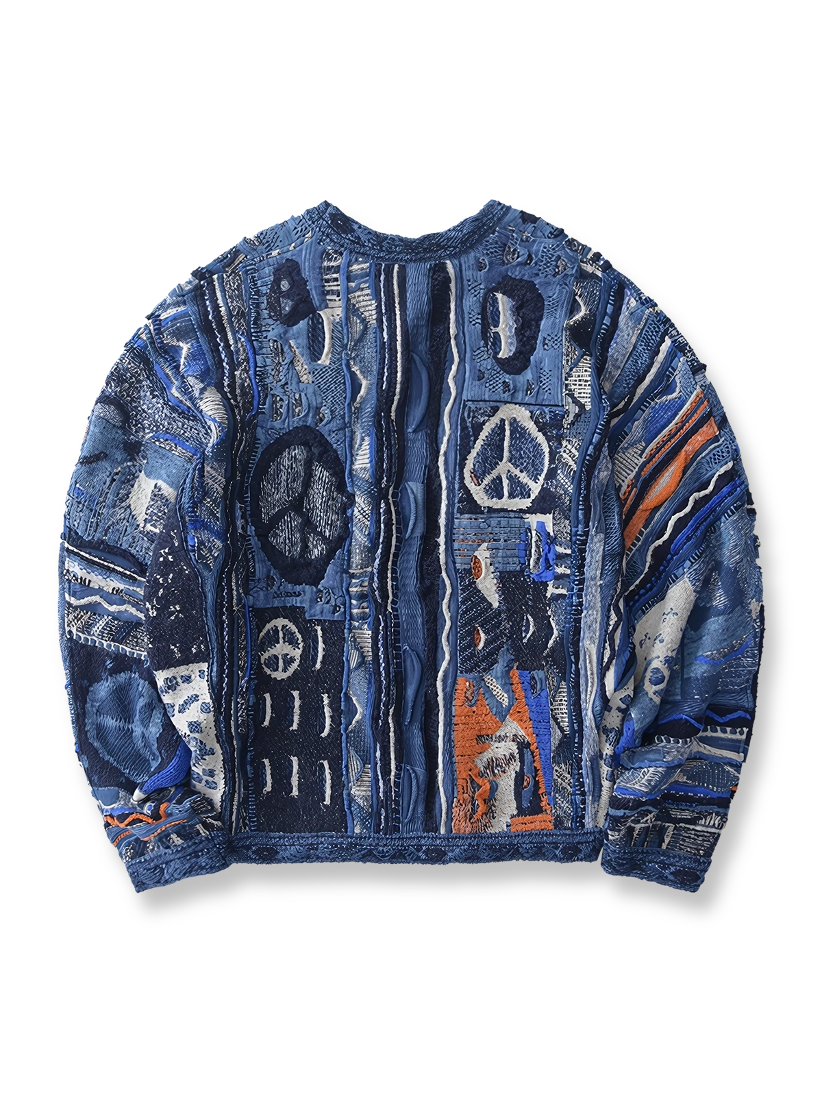 製品画像
反戦テーマ藍染めウォッシュニットの全体展示。藍染めウォッシュ加工が施されたユニークなデザインが特徴で、反戦テーマを表現しながらもカジュアルでリラックスした雰囲気が漂います。ヴィンテージ感溢れるニットで、平和メッセージを込めた特別なアイテムです。

詳細画像
ニットのディテールと藍染めデザインのアップ。藍染めの細部やウォッシュ加工の風合いが強調され、反戦テーマが形となった特別なデザインが際立ちます。手作り感とヴィンテージ感が溢れるアイテムです。