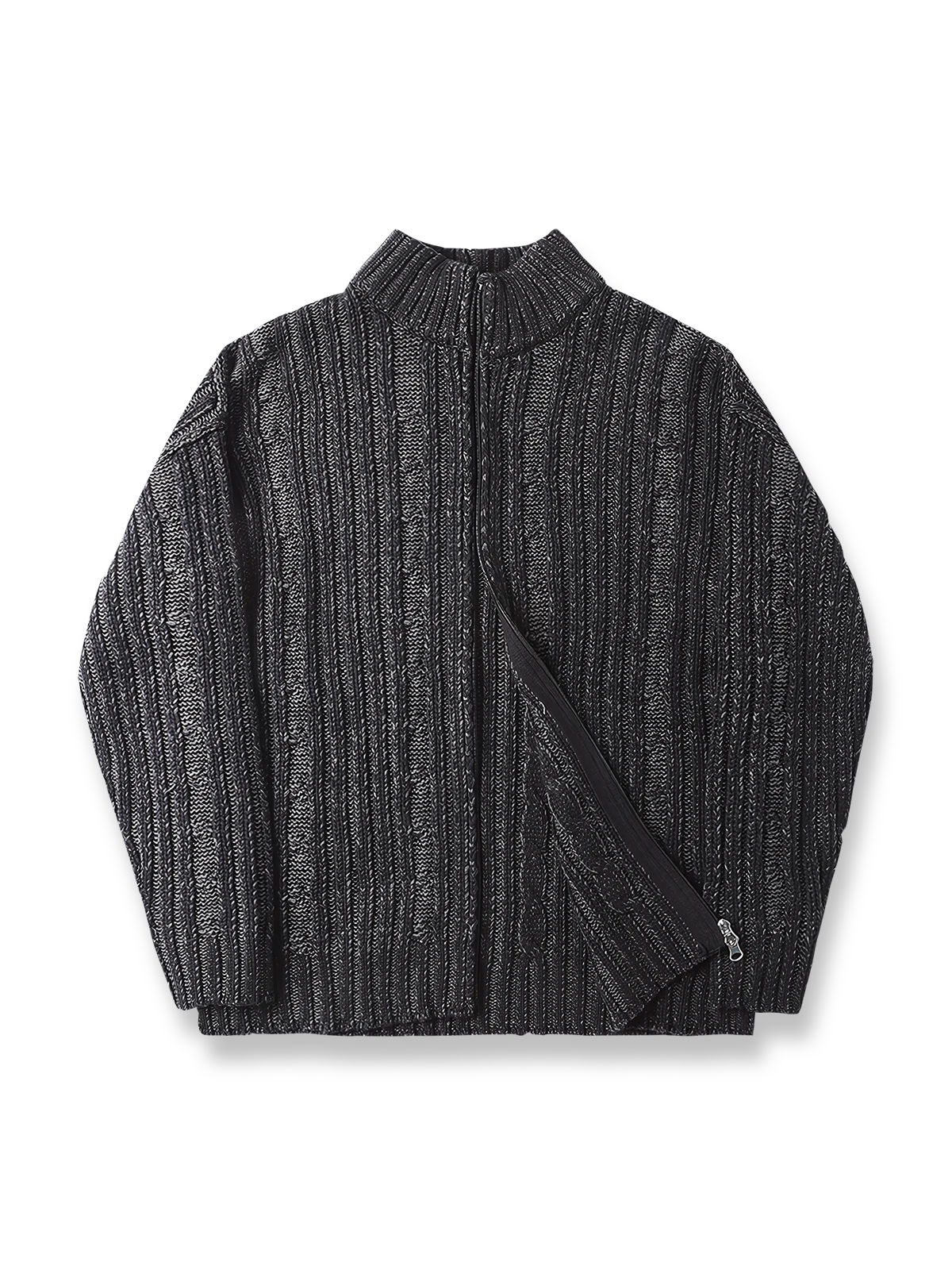 製品画像: ダブルジップスタンドカラー バイカラーローゲージニット セーター メンズ 秋冬 防寒用正面画像
詳細画像: ローゲージ編みのざっくりした編み目とダブルジップのディテールクローズアップ画像