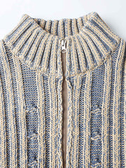 製品画像: ダブルジップスタンドカラー バイカラーローゲージニット セーター メンズ 秋冬 防寒用正面画像
詳細画像: ローゲージ編みのざっくりした編み目とダブルジップのディテールクローズアップ画像