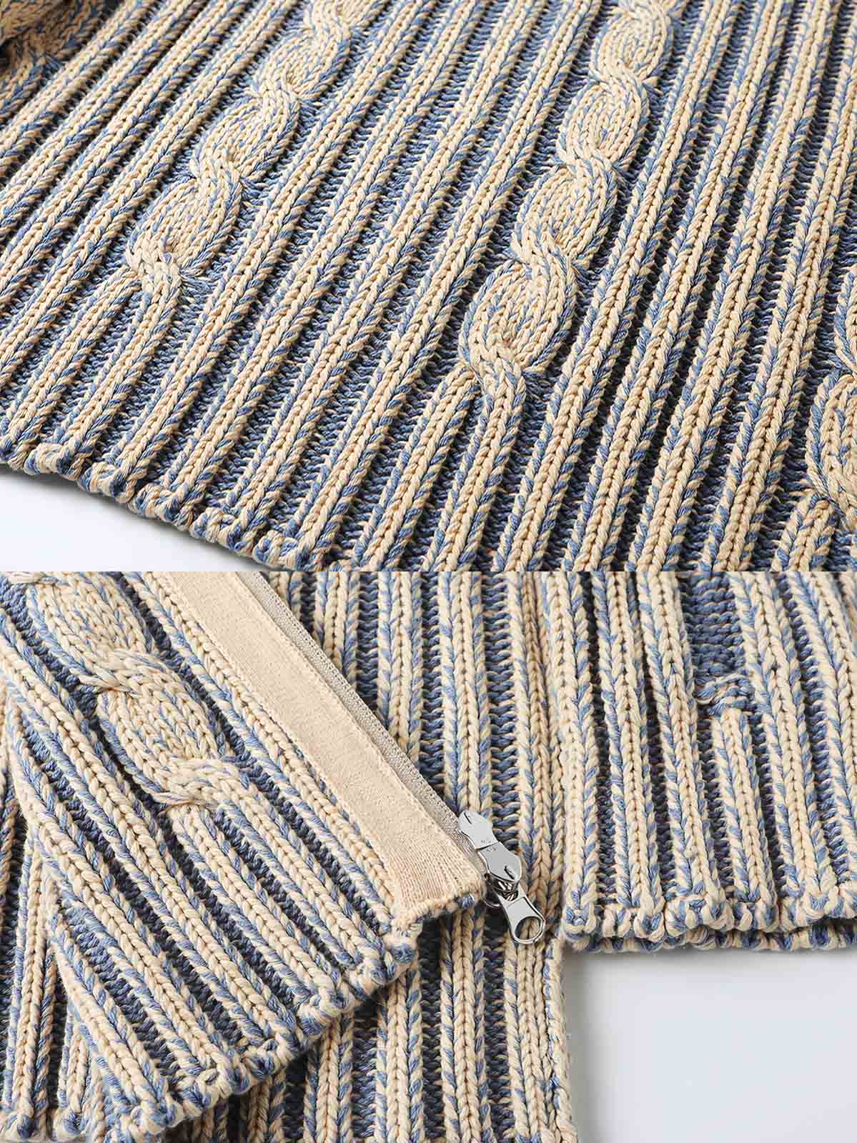 製品画像: ダブルジップスタンドカラー バイカラーローゲージニット セーター メンズ 秋冬 防寒用正面画像
詳細画像: ローゲージ編みのざっくりした編み目とダブルジップのディテールクローズアップ画像