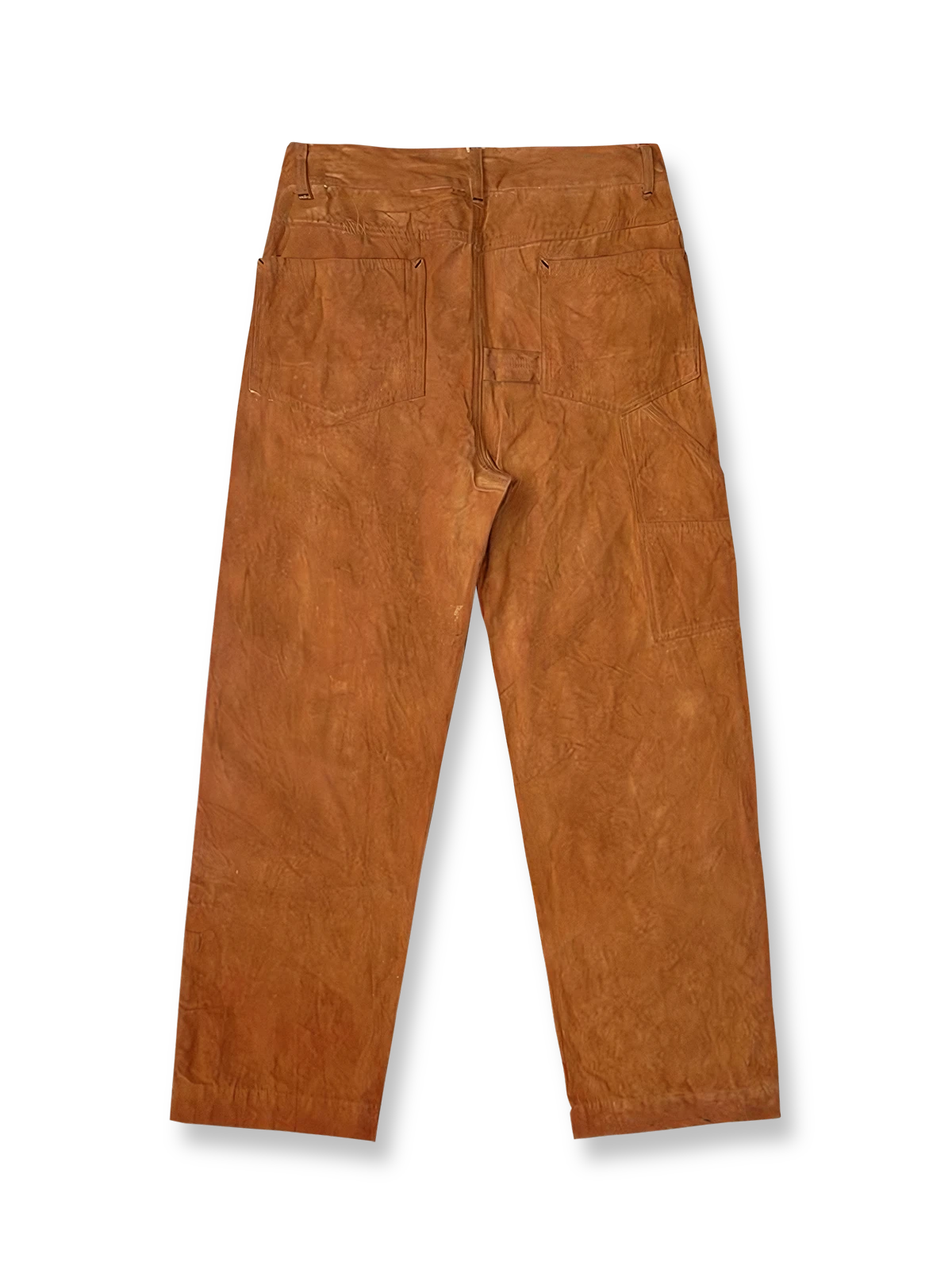 製品画像: 柿染めキャンバスワークパンツ メンズ レトロスタイル ヴィンテージ 全体画像
詳細画像: 手作業による柿染めとキャンバス素材のディテール特写