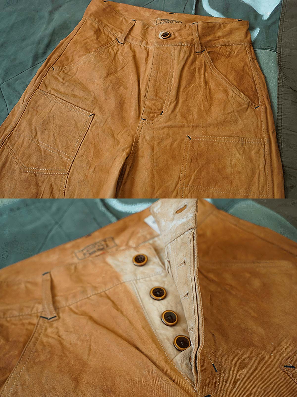 製品画像: 柿染めキャンバスワークパンツ メンズ レトロスタイル ヴィンテージ 全体画像
詳細画像: 手作業による柿染めとキャンバス素材のディテール特写