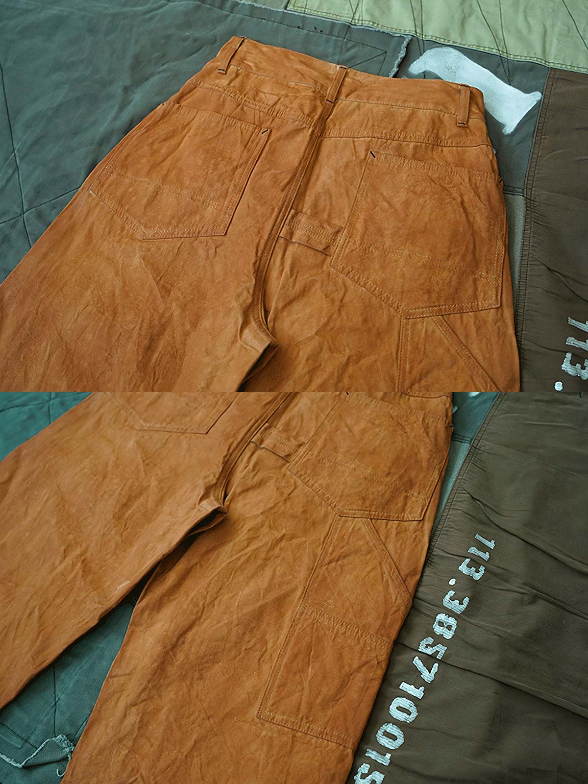 製品画像: 柿染めキャンバスワークパンツ メンズ レトロスタイル ヴィンテージ 全体画像
詳細画像: 手作業による柿染めとキャンバス素材のディテール特写