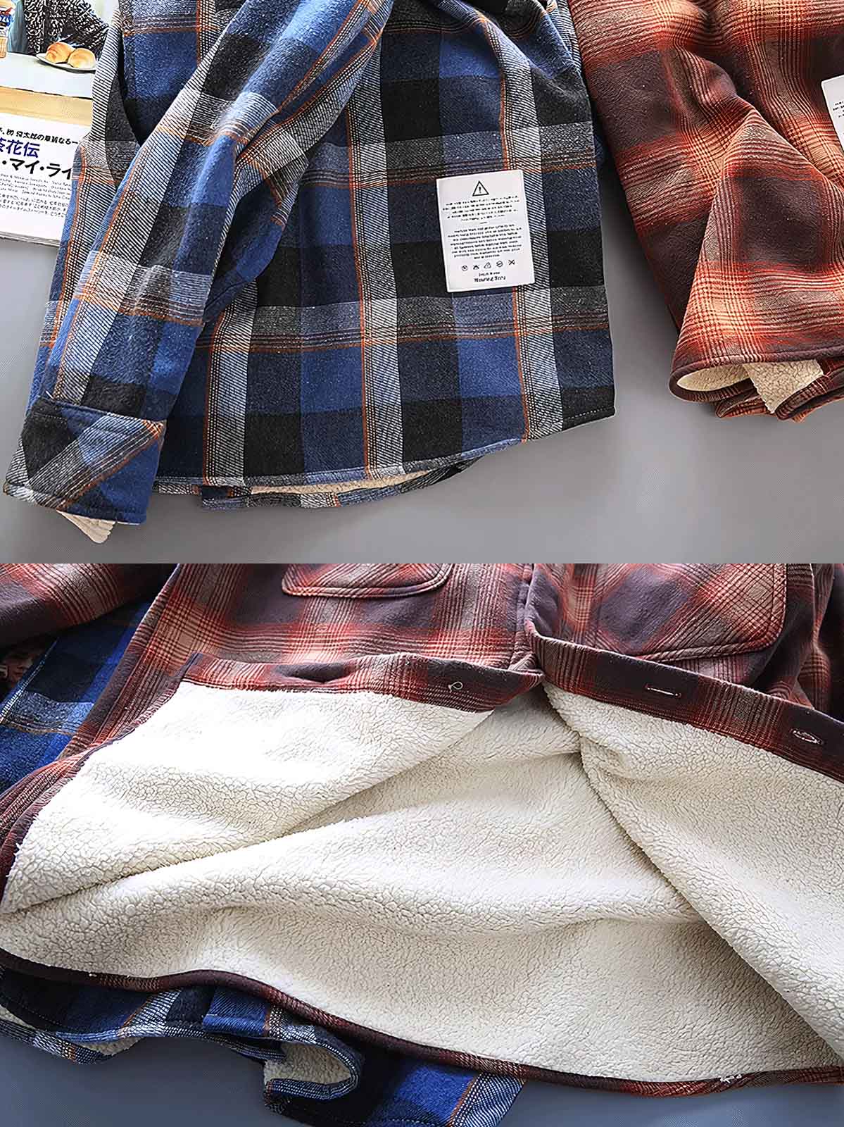 製品画像: 取り外し可能なフードと裏起毛仕様が特徴のチェック柄シャツ全体の外観、100%コットン素材を使用した秋冬向けデザイン。
詳細画像: ダブルチェストポケット、隠しスナップボタン、裏起毛素材と取り外し可能なフードのディテールクローズアップ。