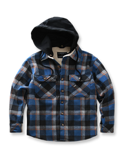 製品画像: 取り外し可能なフードと裏起毛仕様が特徴のチェック柄シャツ全体の外観、100%コットン素材を使用した秋冬向けデザイン。
詳細画像: ダブルチェストポケット、隠しスナップボタン、裏起毛素材と取り外し可能なフードのディテールクローズアップ。