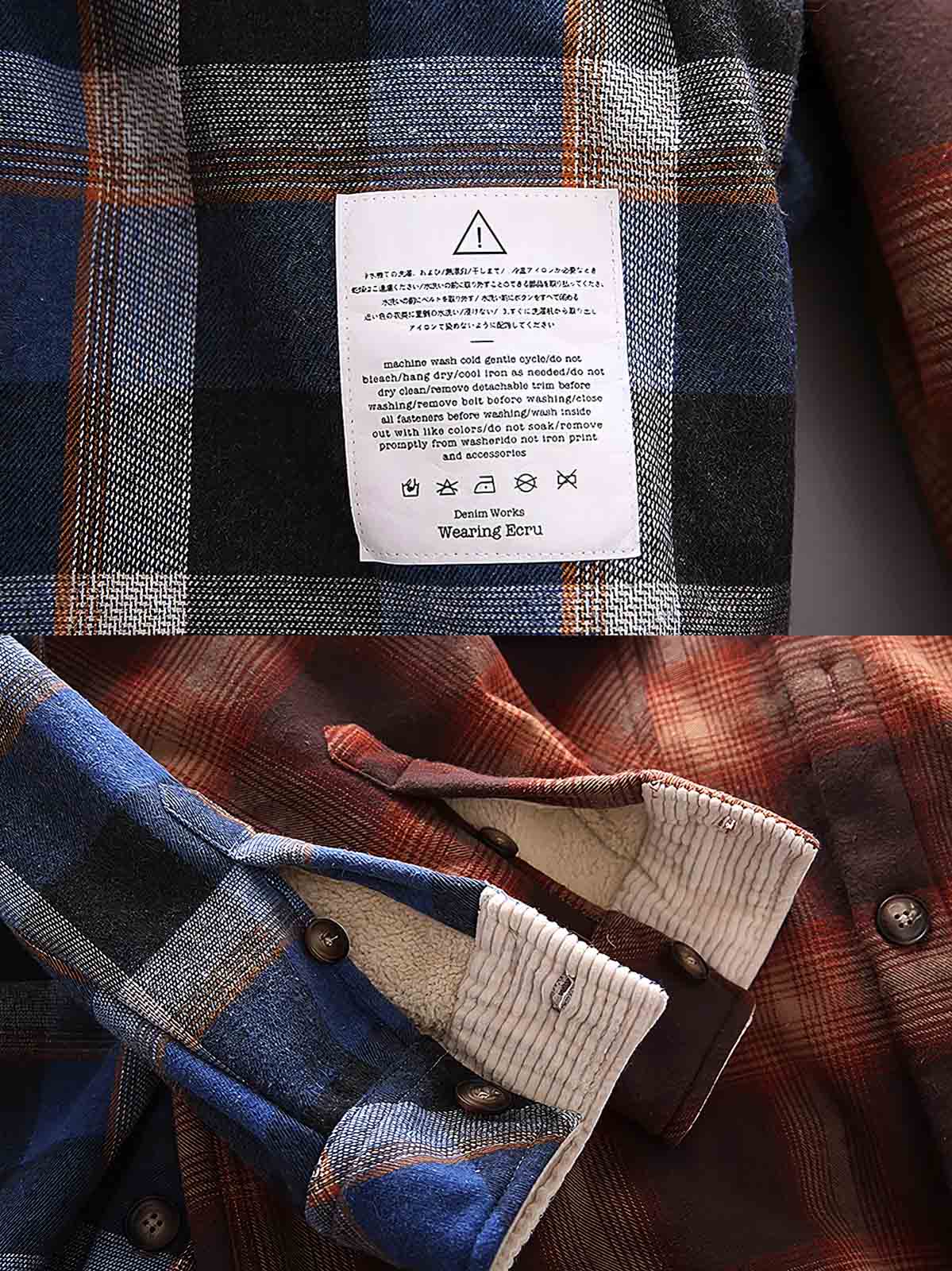 製品画像: 取り外し可能なフードと裏起毛仕様が特徴のチェック柄シャツ全体の外観、100%コットン素材を使用した秋冬向けデザイン。
詳細画像: ダブルチェストポケット、隠しスナップボタン、裏起毛素材と取り外し可能なフードのディテールクローズアップ。