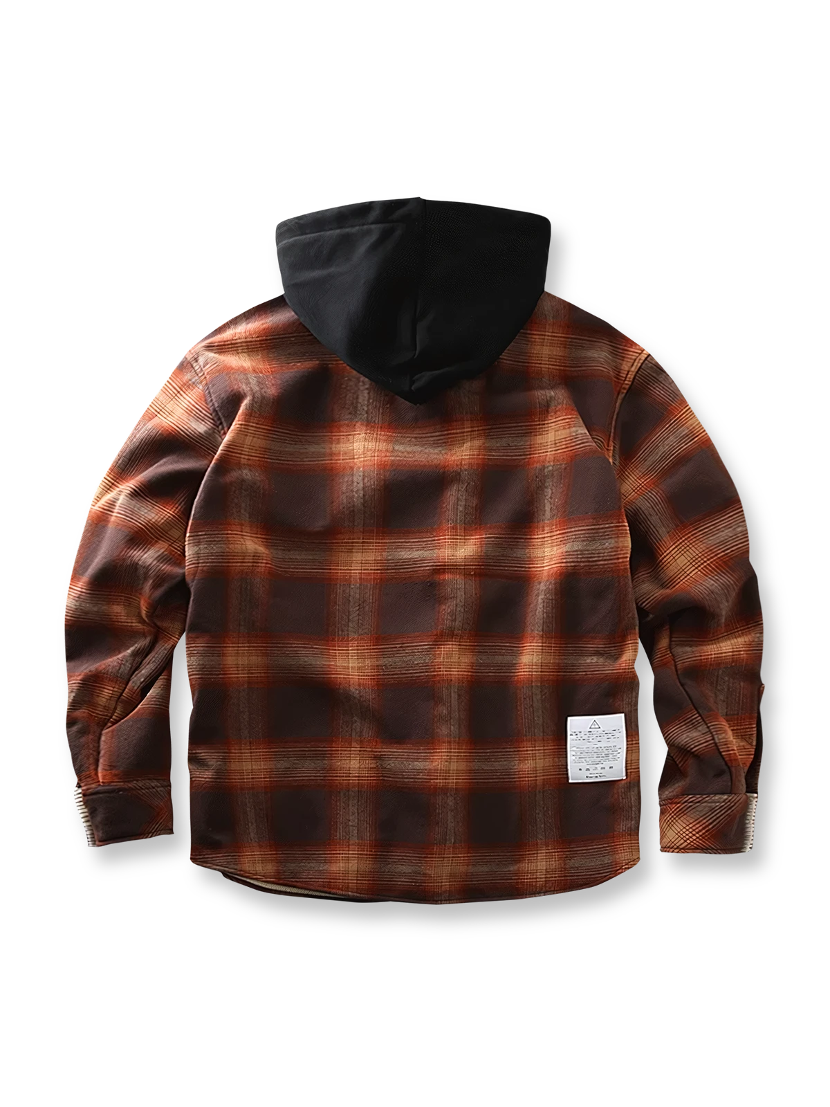 製品画像: 取り外し可能なフードと裏起毛仕様が特徴のチェック柄シャツ全体の外観、100%コットン素材を使用した秋冬向けデザイン。
詳細画像: ダブルチェストポケット、隠しスナップボタン、裏起毛素材と取り外し可能なフードのディテールクローズアップ。