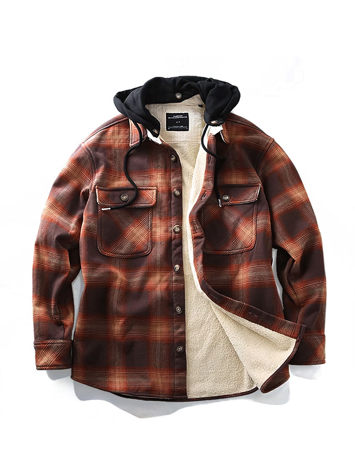 製品画像: 取り外し可能なフードと裏起毛仕様が特徴のチェック柄シャツ全体の外観、100%コットン素材を使用した秋冬向けデザイン。
詳細画像: ダブルチェストポケット、隠しスナップボタン、裏起毛素材と取り外し可能なフードのディテールクローズアップ。