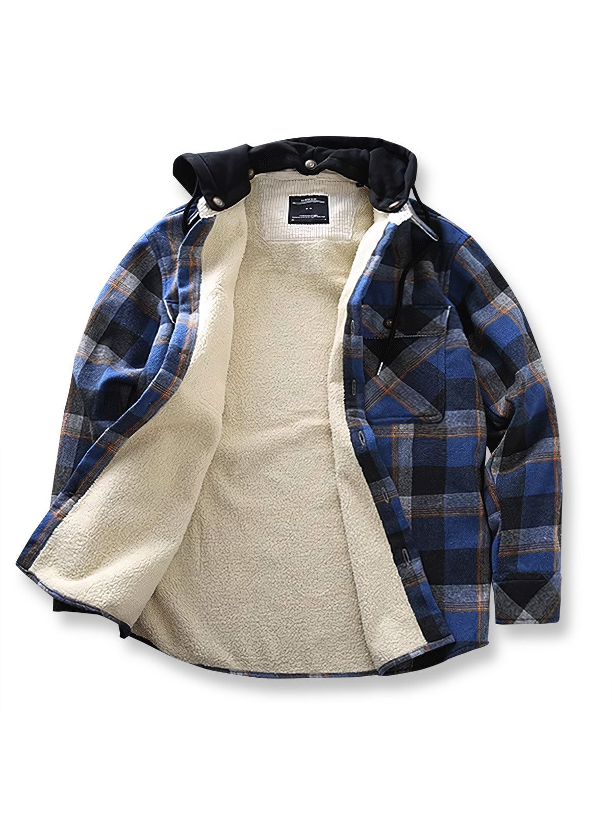 製品画像: 取り外し可能なフードと裏起毛仕様が特徴のチェック柄シャツ全体の外観、100%コットン素材を使用した秋冬向けデザイン。
詳細画像: ダブルチェストポケット、隠しスナップボタン、裏起毛素材と取り外し可能なフードのディテールクローズアップ。