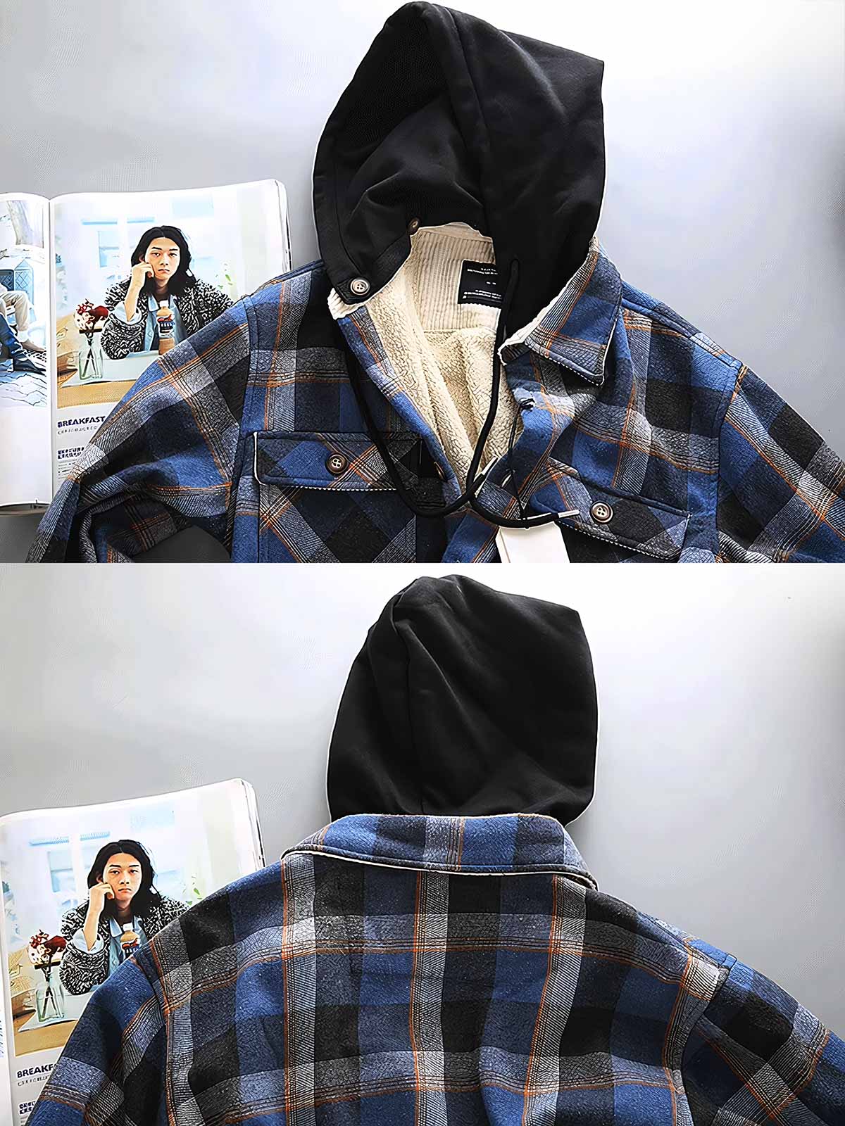 製品画像: 取り外し可能なフードと裏起毛仕様が特徴のチェック柄シャツ全体の外観、100%コットン素材を使用した秋冬向けデザイン。
詳細画像: ダブルチェストポケット、隠しスナップボタン、裏起毛素材と取り外し可能なフードのディテールクローズアップ。