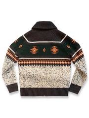 製品画像
ナバホ柄が特徴のオープンカラー（開襟）デザインのウール混紡カーディガン。民族幾何学模様が取り入れられたアメカジレトロスタイルで、秋冬のコーディネートに最適。厚手のウール混紡素材が保温性と快適さを提供する正面全体像。

詳細画像
ナバホ柄カーディガンのジッパーディテールとウール混紡素材の質感を特写。幾何学模様の編み込みデザインが民族風の魅力を強調し、耐久性と柔らかさを兼ね備えた生地の特徴を示すクローズアップ画像。